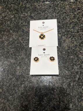 kate spade Gold and Black Flower Pendant Necklace with Matching Studs